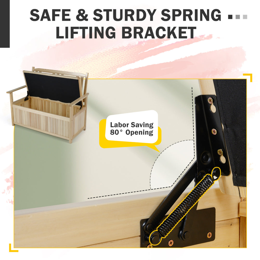 Close-up of the sturdy spring lifting bracket for the 2-person garden bench with 49-gallon storage in natural finish.