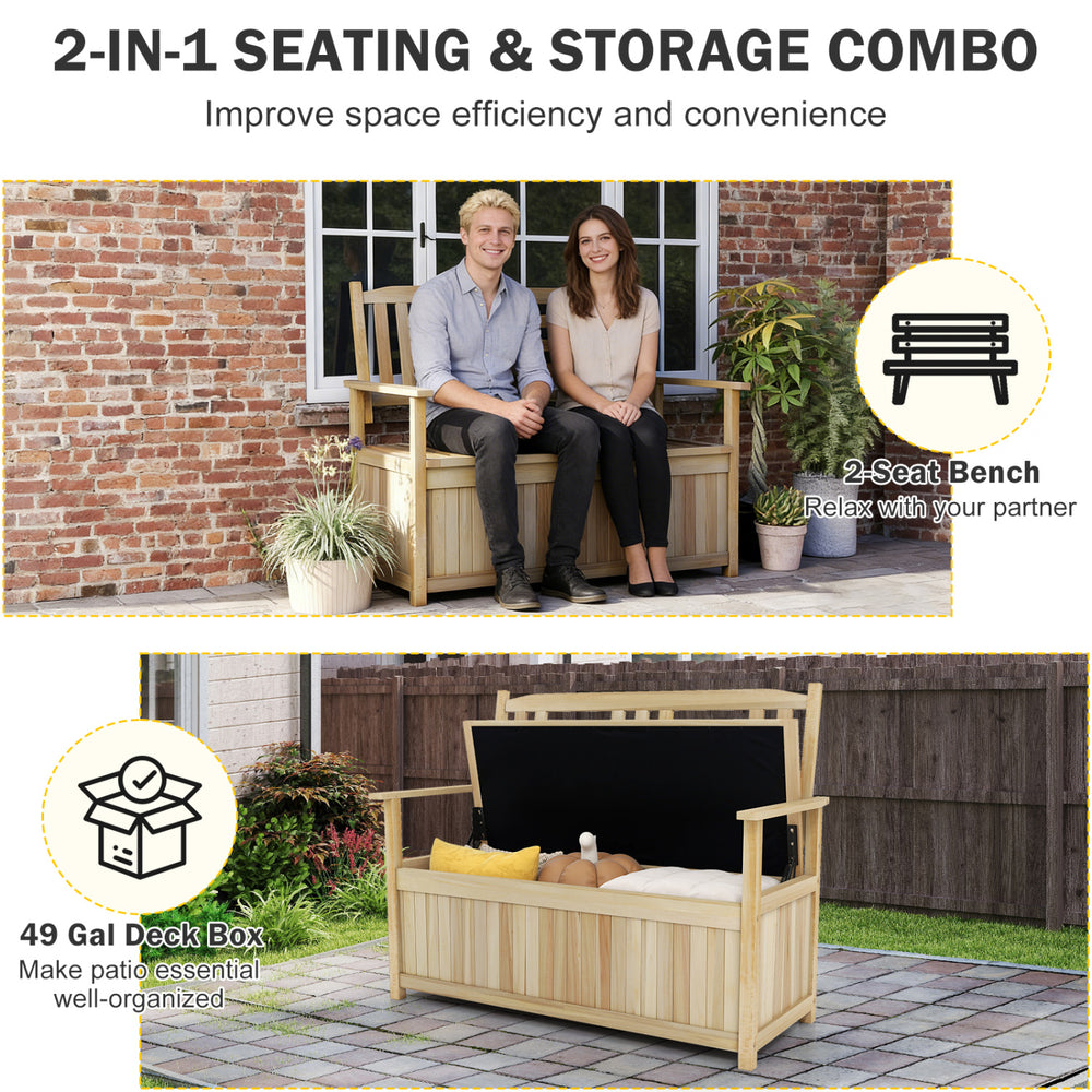 Natural 2-person garden bench with backrest and 49-gallon storage, ideal for outdoor seating and organization.