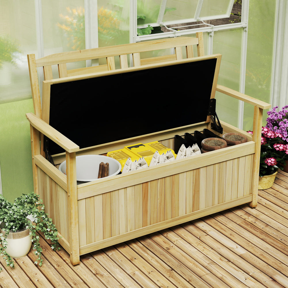 Natural 2-person garden bench with backrest and 49-gallon storage, ideal for outdoor organization and seating.