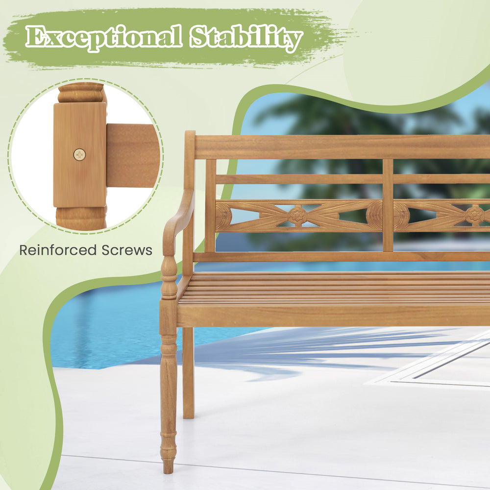 Teak wood patio bench with wide backrest, curved armrests, and reinforced screws for exceptional stability outdoors.