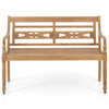 Teak wood patio bench with wide backrest and curved armrests, comfortably seating 2 people for outdoor relaxation.