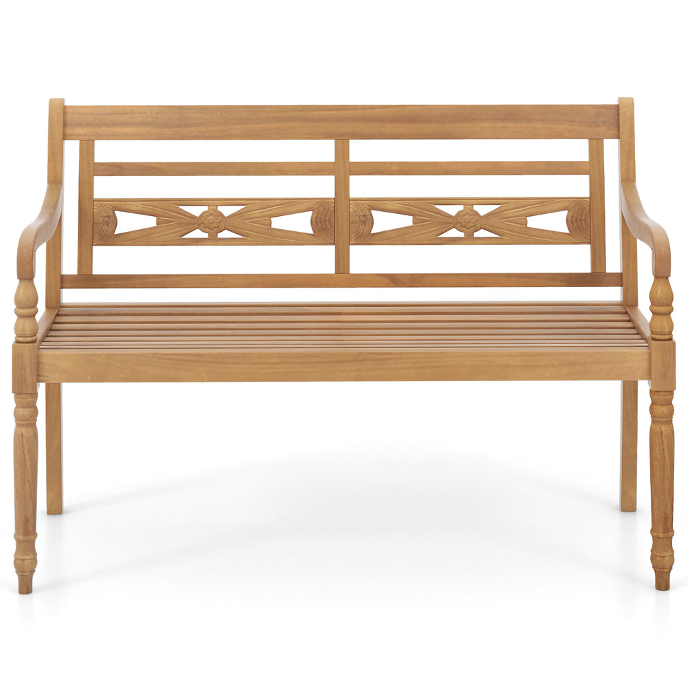 Teak wood patio bench with wide backrest and curved armrests, comfortably seating 2 people for outdoor relaxation.