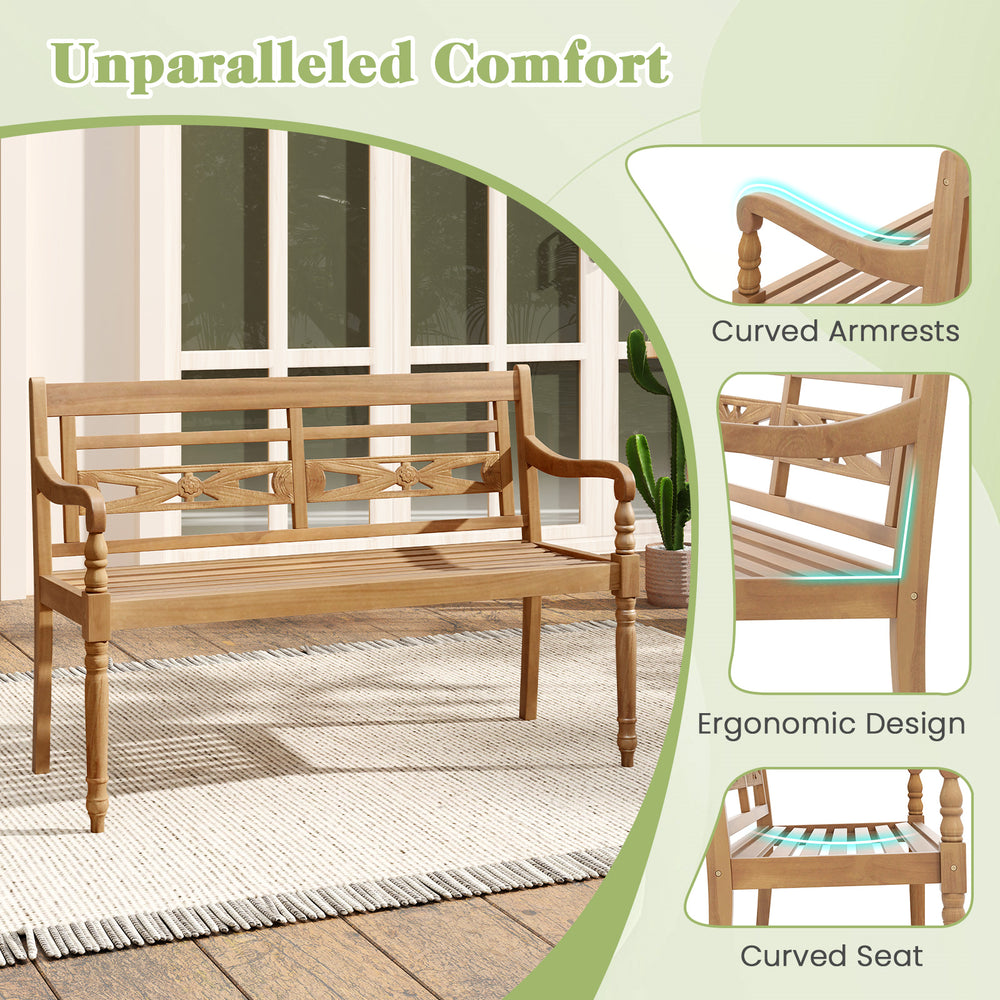 Teak wood patio bench with curved armrests and ergonomic design, ideal for outdoor relaxation and seating up to 2.