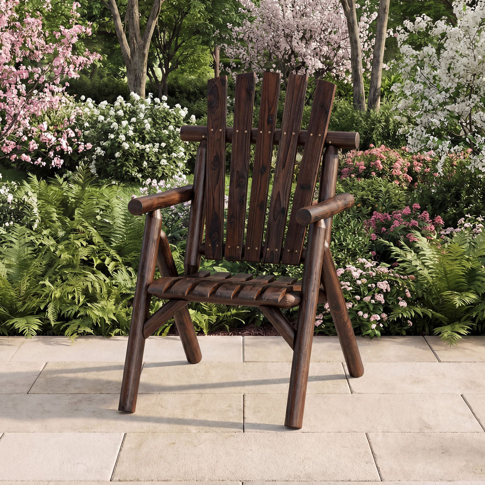 Log Wood Patio Chair with Slatted Backrest for Deck Backyard-Brown - Gallery View 1 of 10
