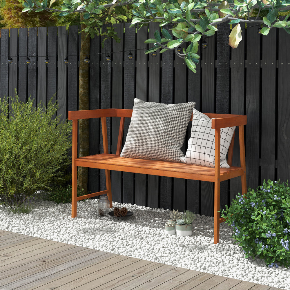 Eucalyptus wood bench with backrest and armrests, designed for outdoor use in gardens or patios, featuring a smooth.