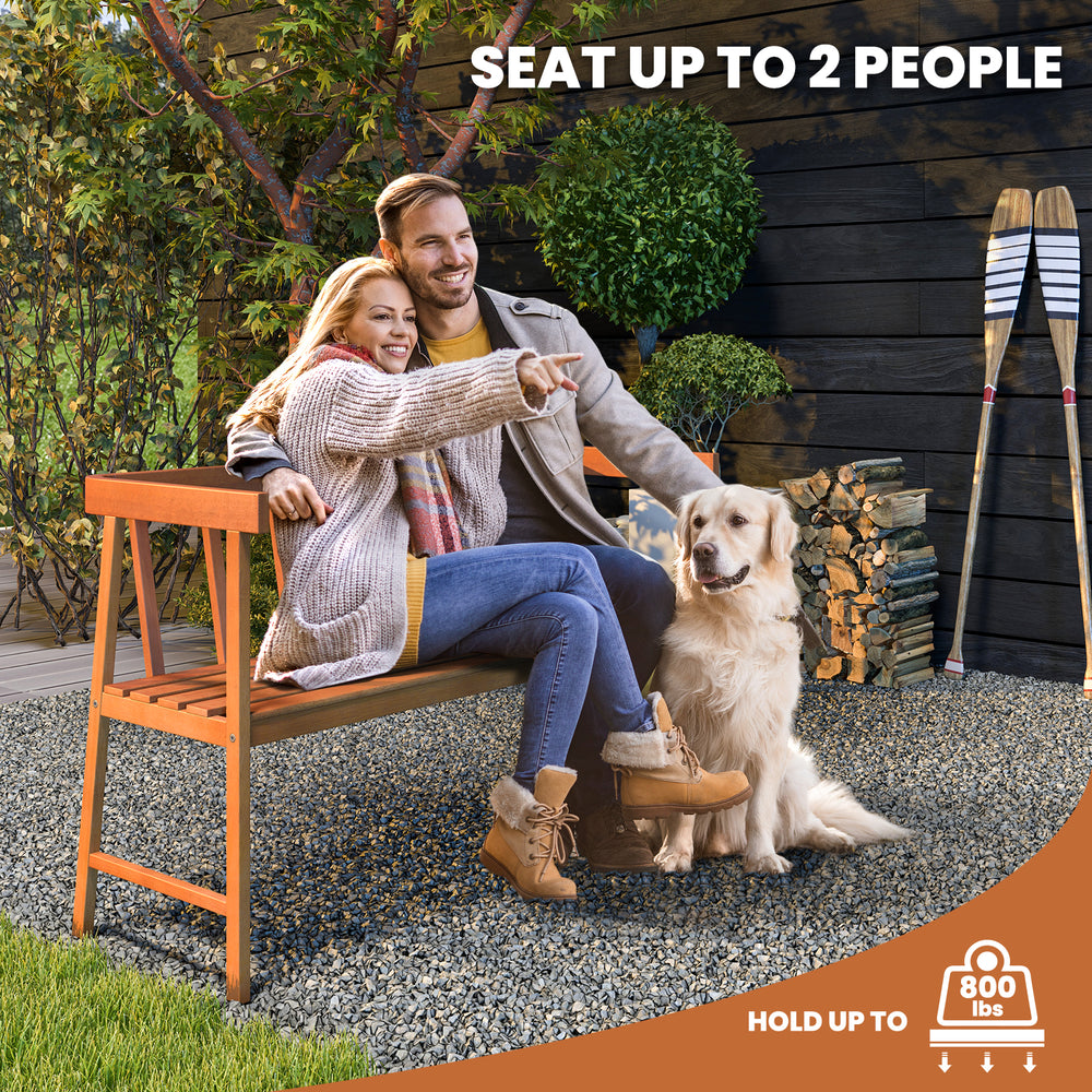 Outdoor eucalyptus wood bench with backrest and armrests, seating up to 2 people, perfect for patio or garden use.