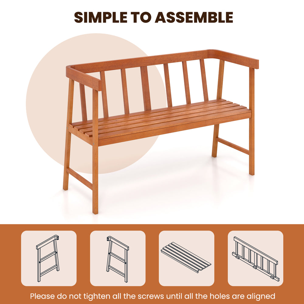 Eucalyptus wood bench with backrest and armrests, designed for outdoor use, easy to assemble for patio or garden.