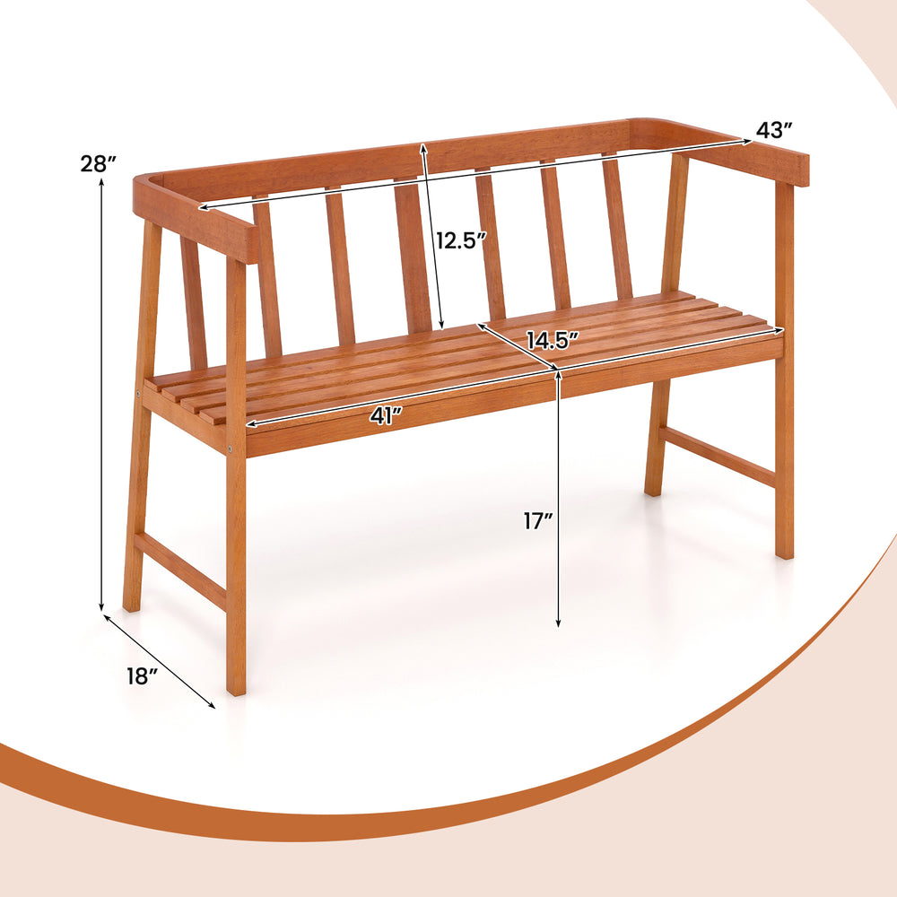 Eucalyptus wood bench with backrest and armrests, 800 lbs capacity, ideal for porch or patio seating.