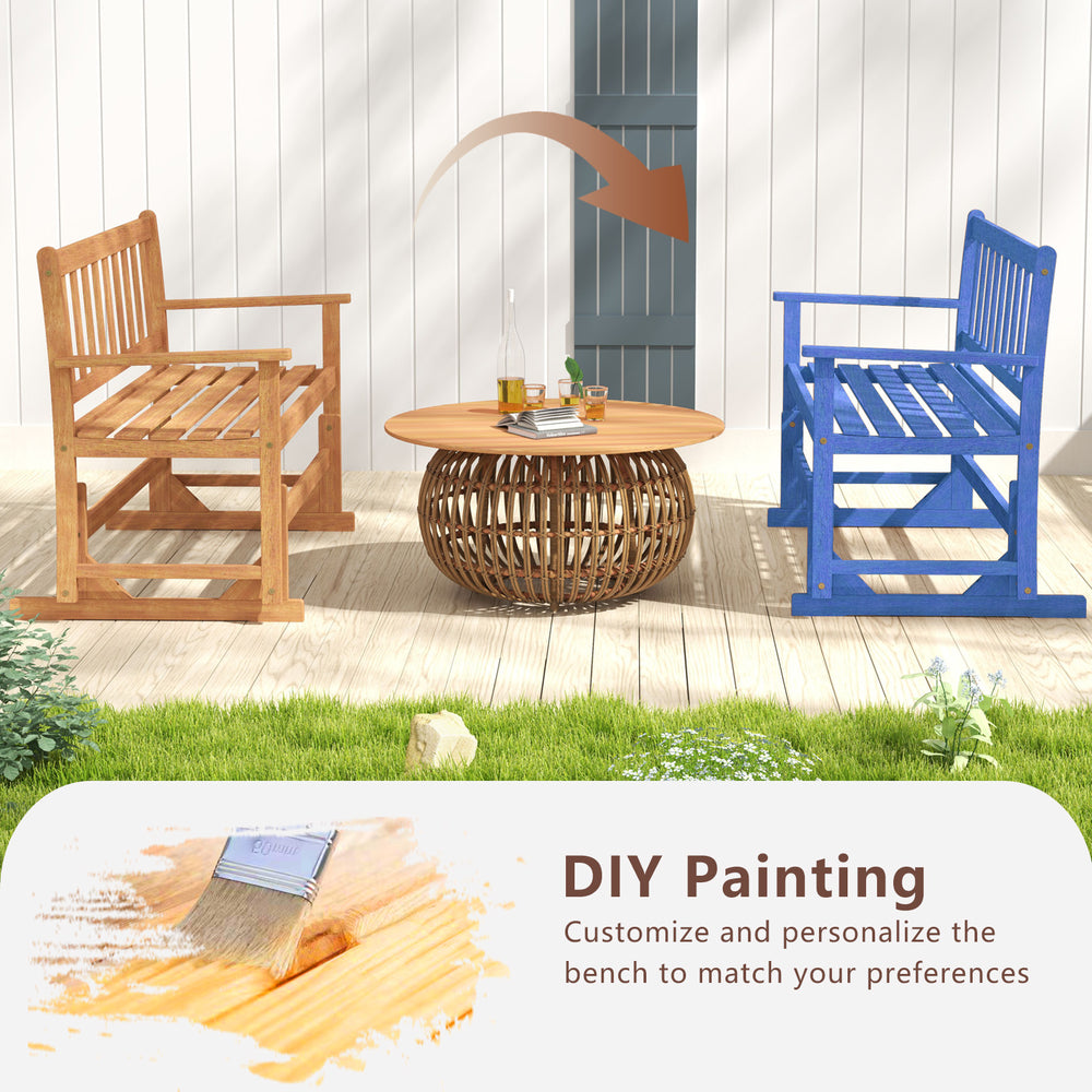 2-person outdoor acacia wood glider bench with slatted design, customizable for DIY painting, perfect for patio.