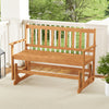Acacia wood glider bench with slatted seat, perfect for outdoor relaxation on the patio or garden.