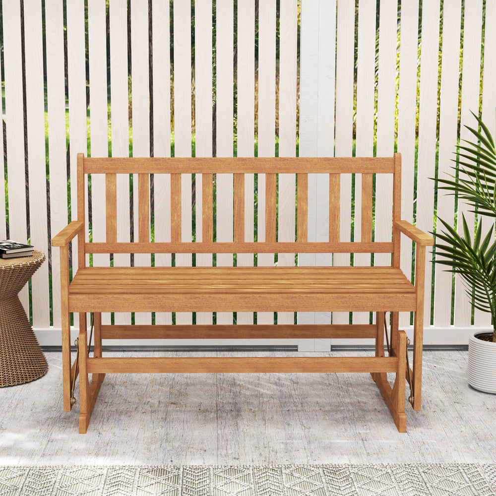 Detail shot of the acacia wood glider bench highlighting its splinter-free surface and natural beauty, ideal for.