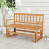 Front view of the 2-person outdoor acacia wood glider bench highlighting the natural wood finish and sturdy.