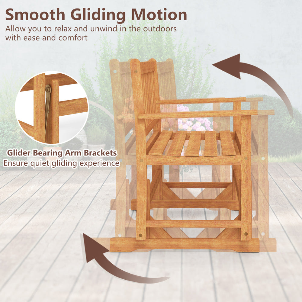Acacia wood glider bench showcasing smooth gliding motion and sturdy design, perfect for outdoor relaxation.