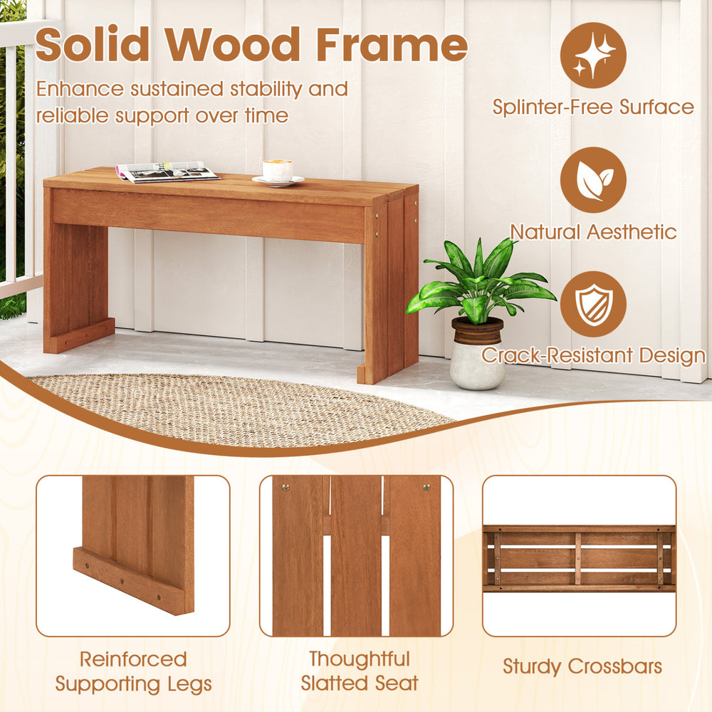 2-person outdoor garden bench with solid wood frame, natural wood grain, compact size for versatile backyard use.