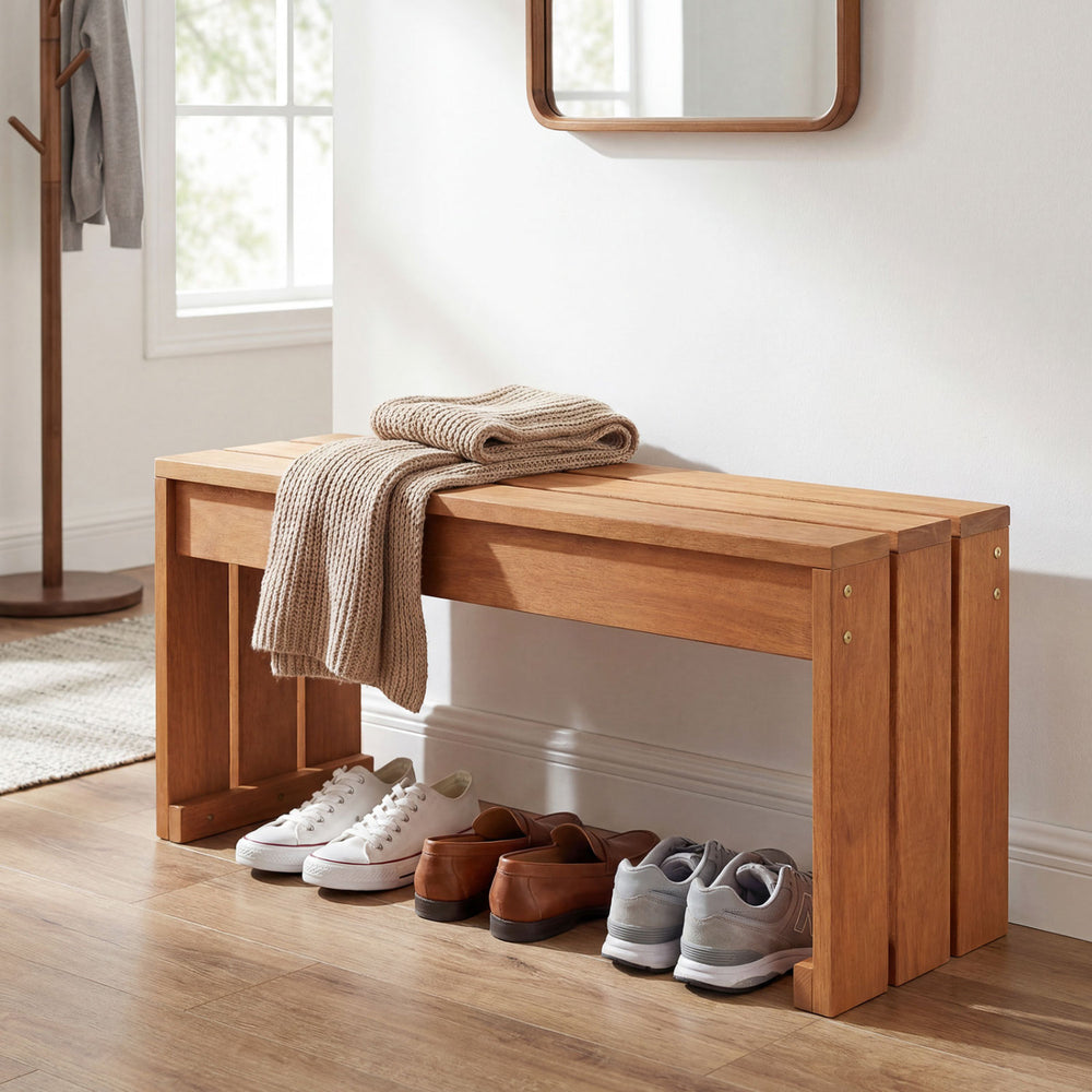 Solid wooden 2-person garden bench with natural wood grain, ideal for indoor or outdoor use in small spaces.