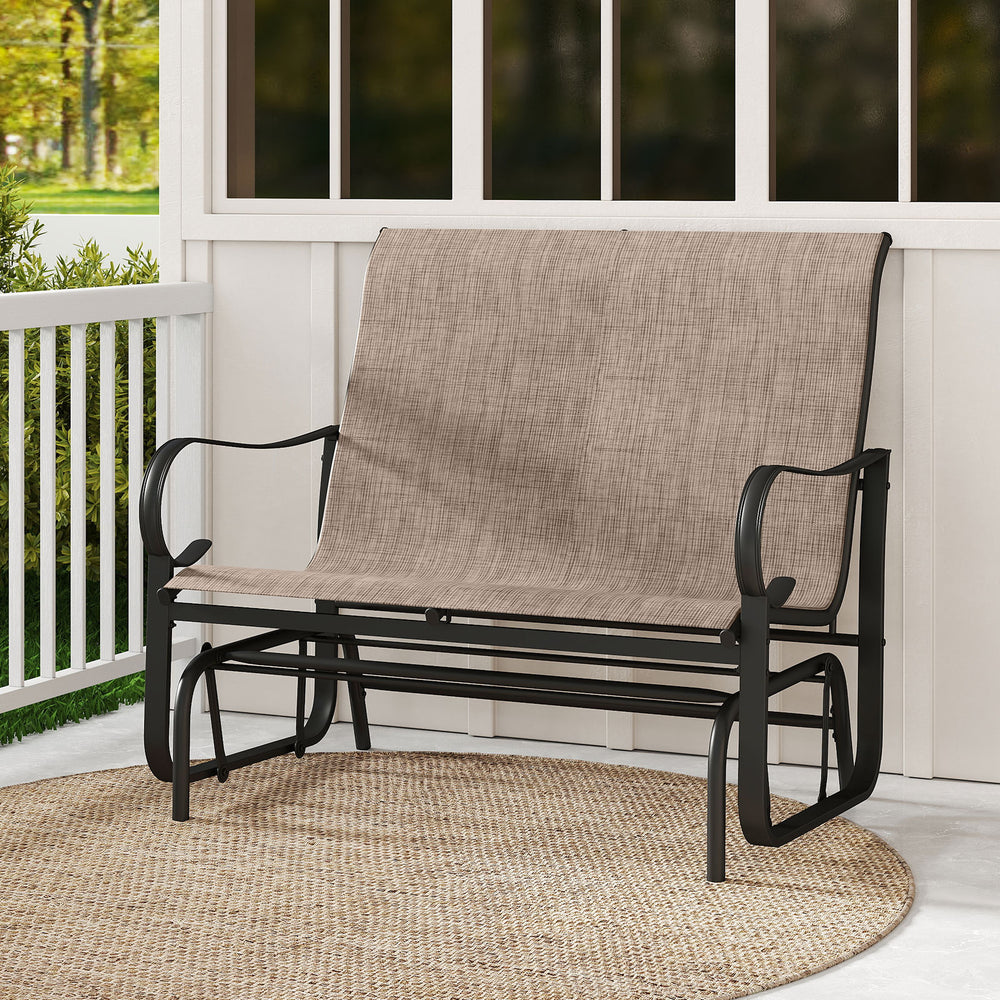 2-person outdoor glider bench with high backrest in brown, featuring durable fabric and ergonomic design for patio.