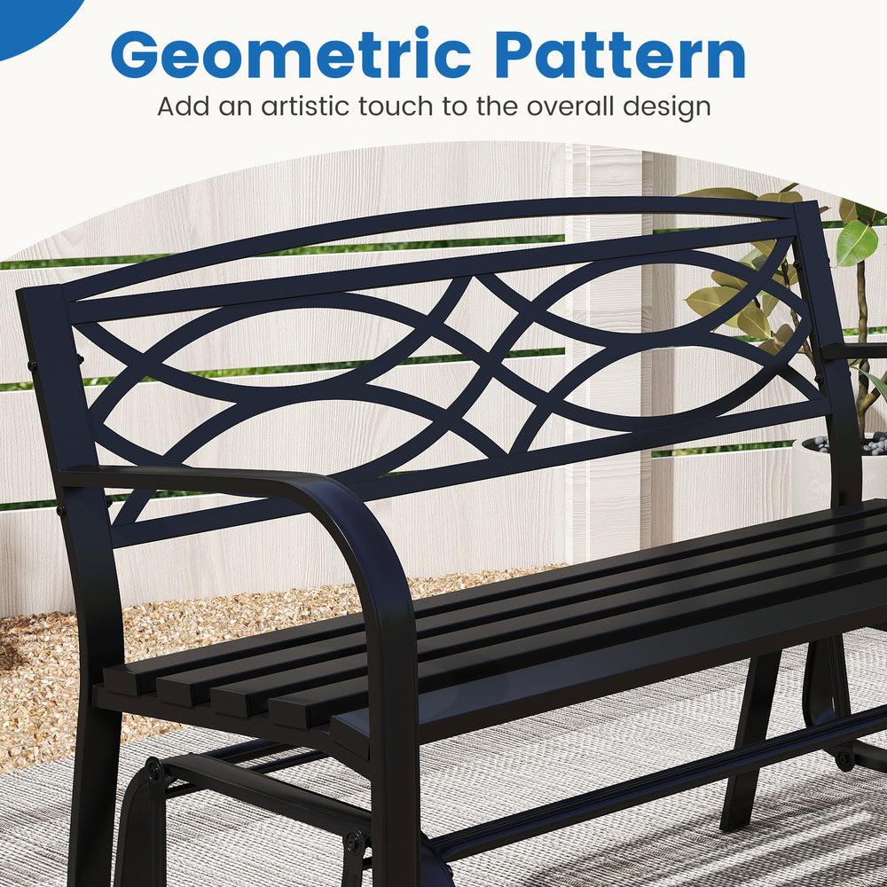 Black 2-person outdoor glider bench featuring a geometric pattern, ideal for patio relaxation and sturdy support.