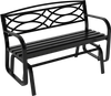 Black 2-person outdoor glider bench with ergonomic design, slatted seat, and geometric pattern for patio relaxation.
