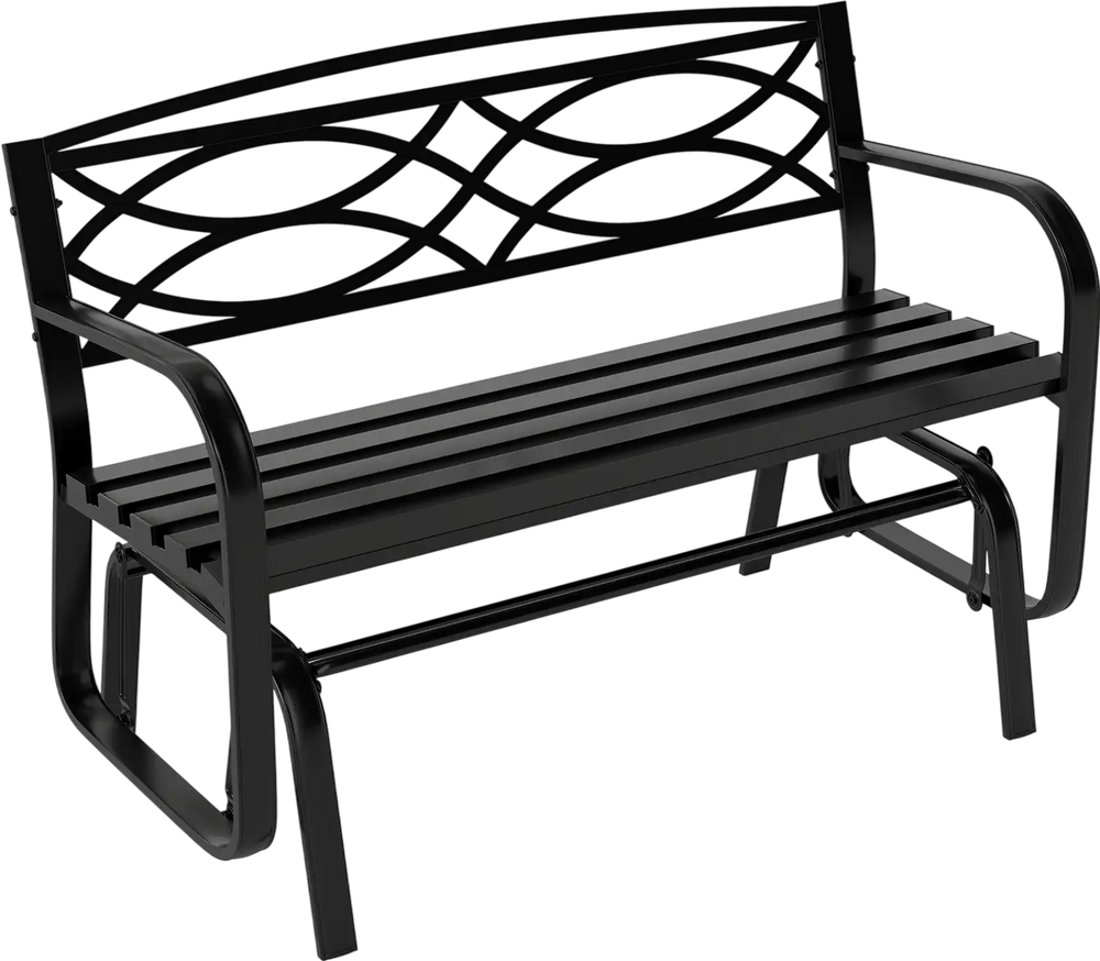 Black 2-person outdoor glider bench with ergonomic design, slatted seat, and geometric pattern for patio relaxation.
