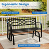 2-person outdoor glider bench with ergonomic design, slatted seat, and curved armrests for comfortable patio relaxation.