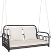 Two-person outdoor hanging chair in gray with soft cushions, suitable for porch or garden relaxation.
