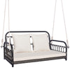 Two-person outdoor hanging chair in gray with soft cushions, suitable for porches and gardens, featuring durable PE.