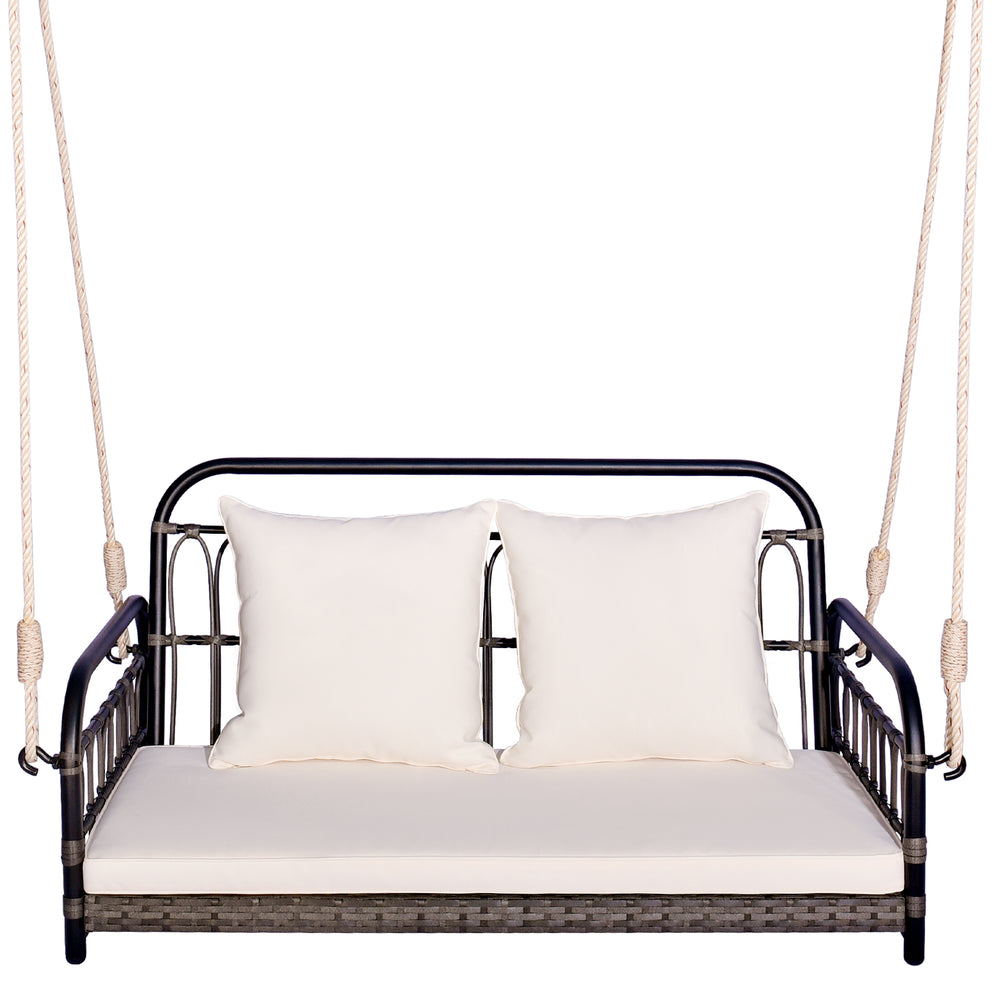 Close-up of the soft padded cushions on the gray 2-person outdoor hanging chair, designed for comfort and durability.