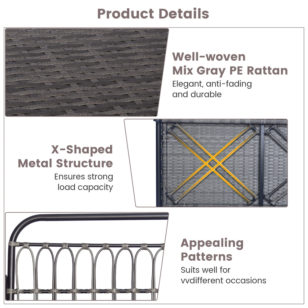Detail of the 2-person outdoor hanging chair showcasing gray PE rattan, X-shaped metal structure, and appealing.