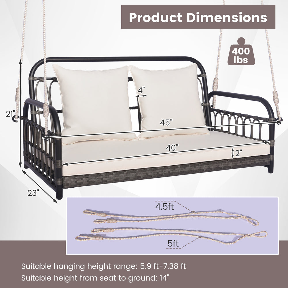2-person outdoor hanging chair with gray PE wicker, soft cushions, and 2 hemp ropes for versatile placement in gardens.