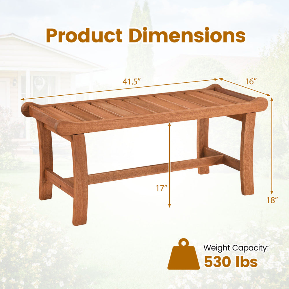 2-person outdoor wood bench with slatted seat, measuring 41.5" x 16" x 18", supports up to 530 lbs for versatile use.