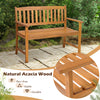 2-person patio bench made of natural acacia wood, featuring a slatted design, ergonomic armrests, and durable.