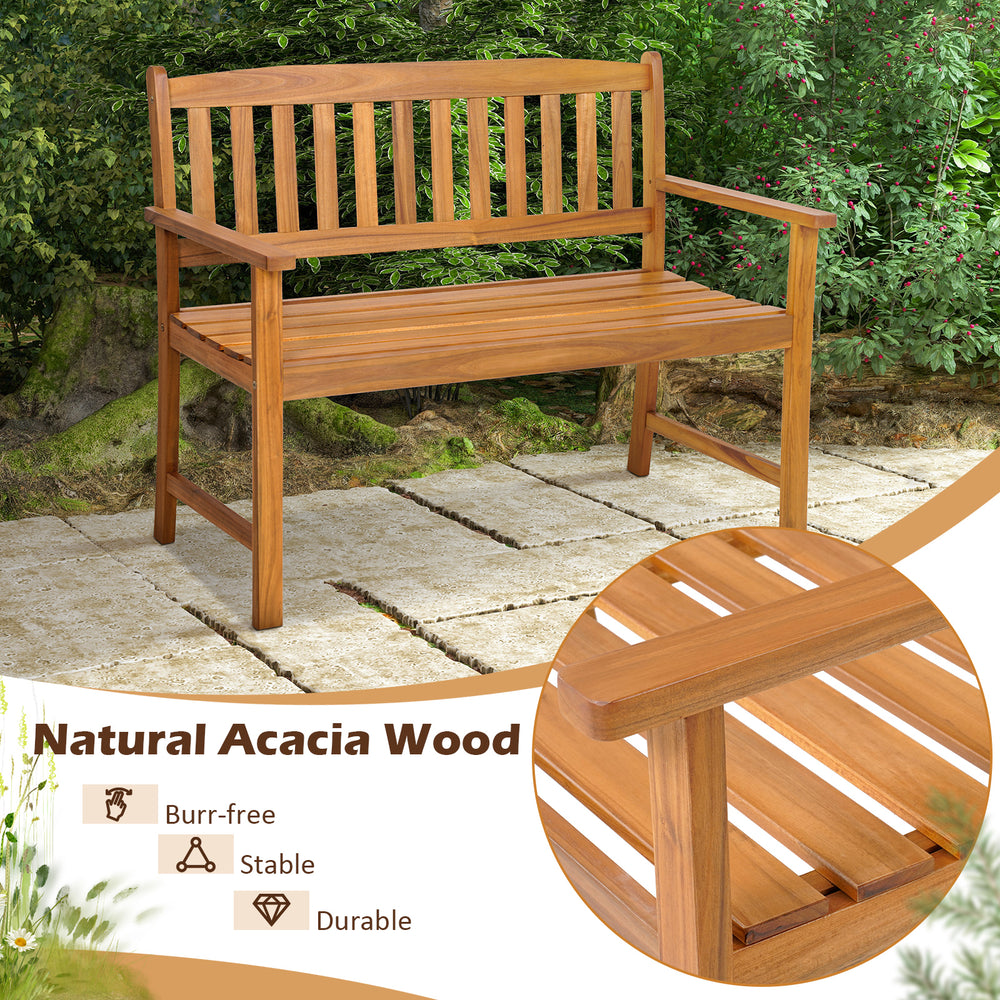 2-person patio bench made of natural acacia wood, featuring a slatted design, ergonomic armrests, and durable.