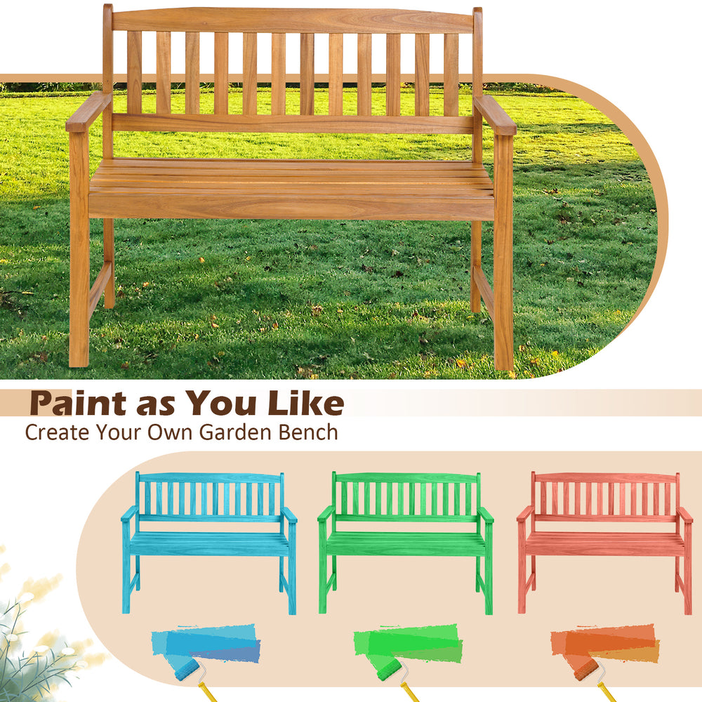 2-person patio acacia wood bench with backrest and armrests, ideal for DIY painting in garden or backyard settings.