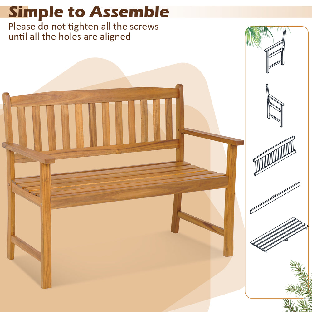 2-person patio acacia wood bench with backrest and armrests, featuring a smooth surface and sturdy design for outdoor.