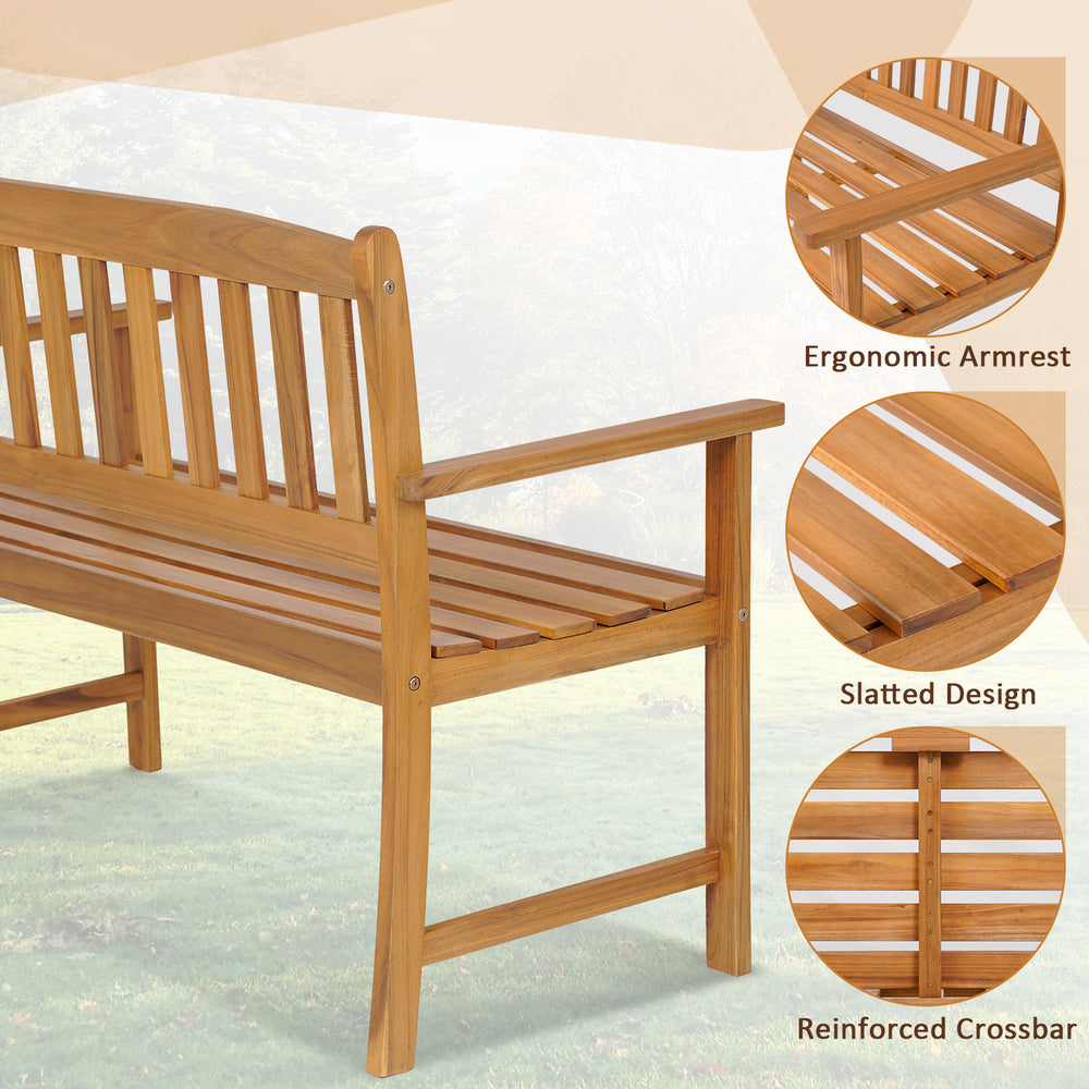 Acacia wood bench with ergonomic armrests, slatted design, and reinforced crossbar, ideal for patio or garden seating.
