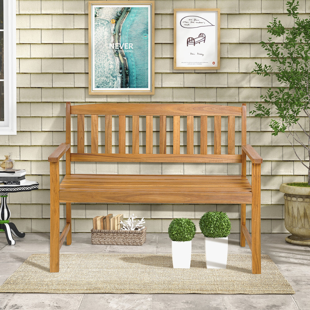 Acacia wood 2-person patio bench with backrest and armrests, ideal for garden or porch seating.