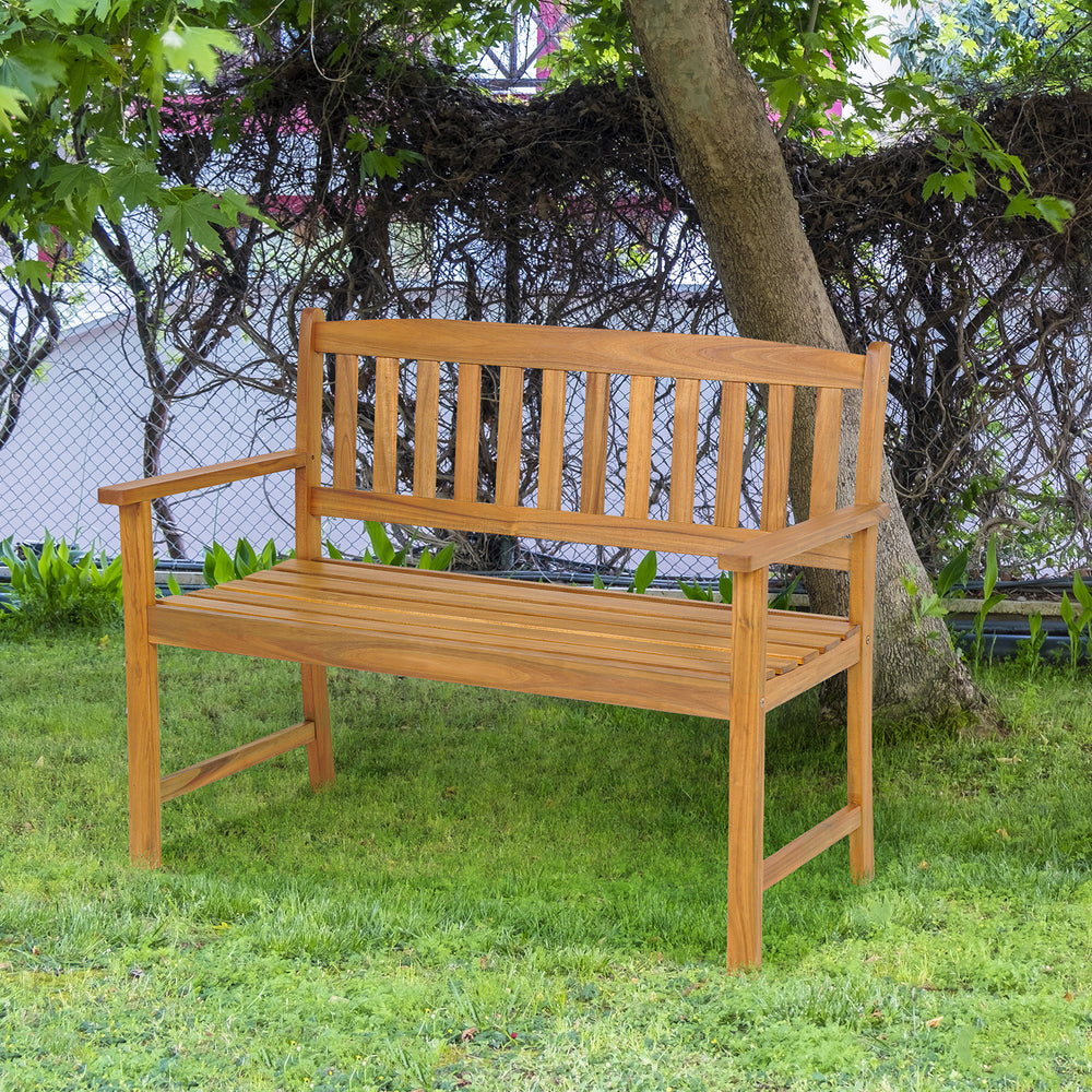 Acacia wood 2-person patio bench with backrest and armrests, ideal for garden or backyard seating.