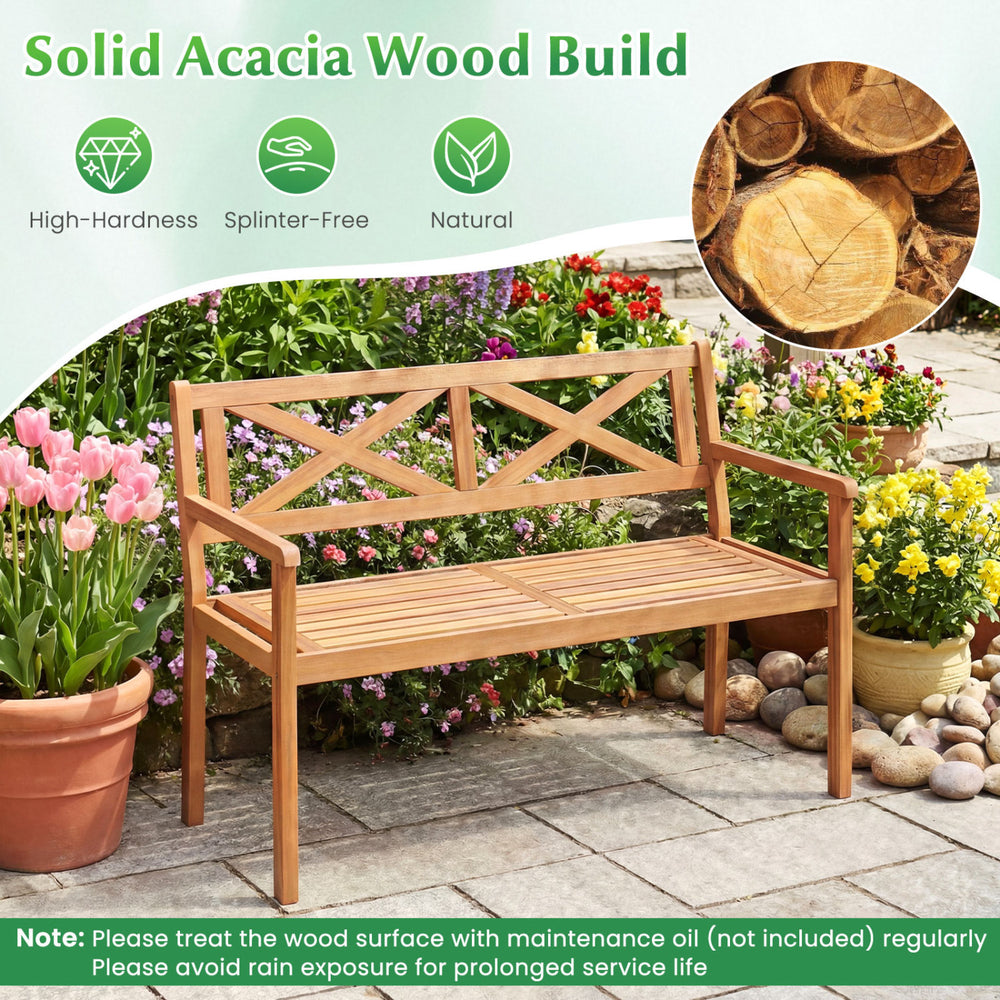 2-person patio acacia wood garden chair with armrests, featuring a slatted seat design for airflow and natural grain.