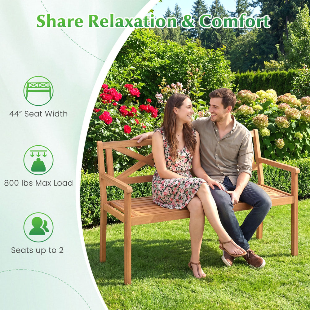 2-person patio acacia wood garden chair with armrests, 44-inch wide seat, supports 800 lbs, perfect for backyard.