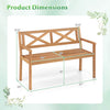 Dimensions of the 2-person patio acacia wood garden chair, featuring armrests and a slatted seat design for outdoor use.