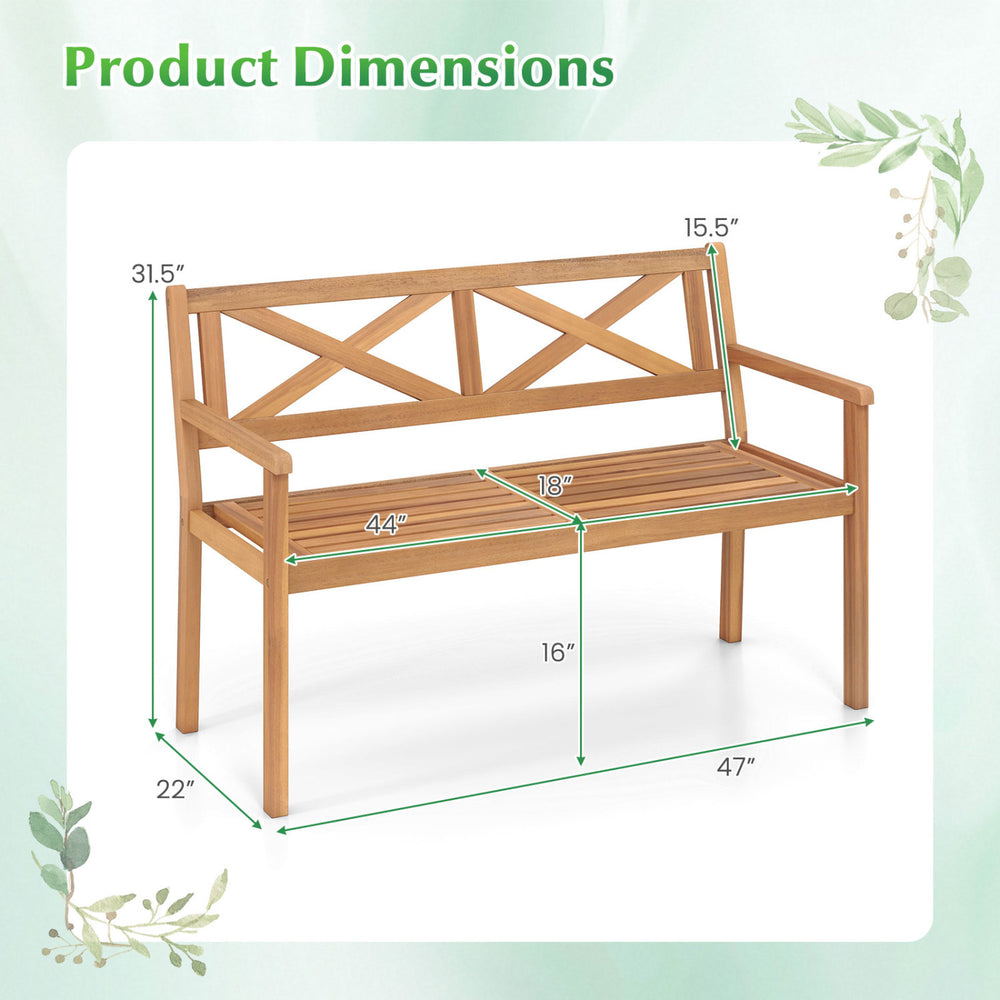 Dimensions of the 2-person patio acacia wood garden chair, featuring armrests and a slatted seat design for outdoor use.