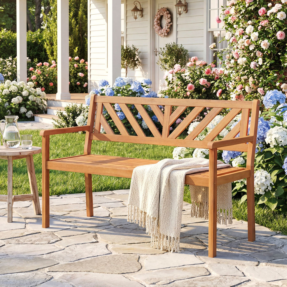 2-person patio chair with natural acacia grain and cozy armrests, perfect for relaxing in the garden or by the pool.