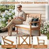 2-person patio chair made of acacia wood features a supportive x-shaped backrest and cozy armrests for outdoor comfort.