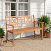 Acacia wood 2-person garden chair features an X-shaped backrest and armrests, ideal for patios and gardens.