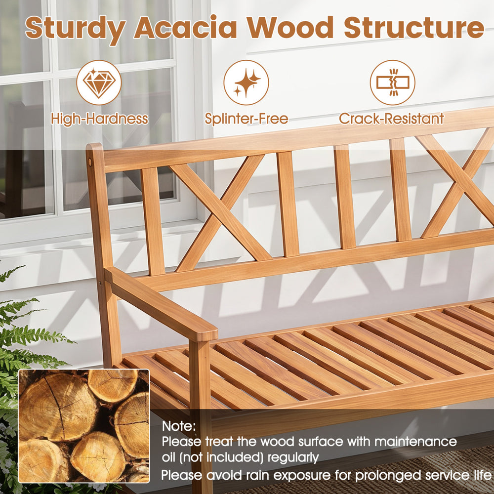Sturdy acacia wood garden chair features an X-shaped backrest and armrests, perfect for patios and gardens.