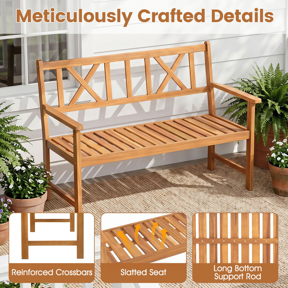 Acacia wood garden chair features a slatted seat, X-shaped backrest, and armrests, perfect for outdoor patios.