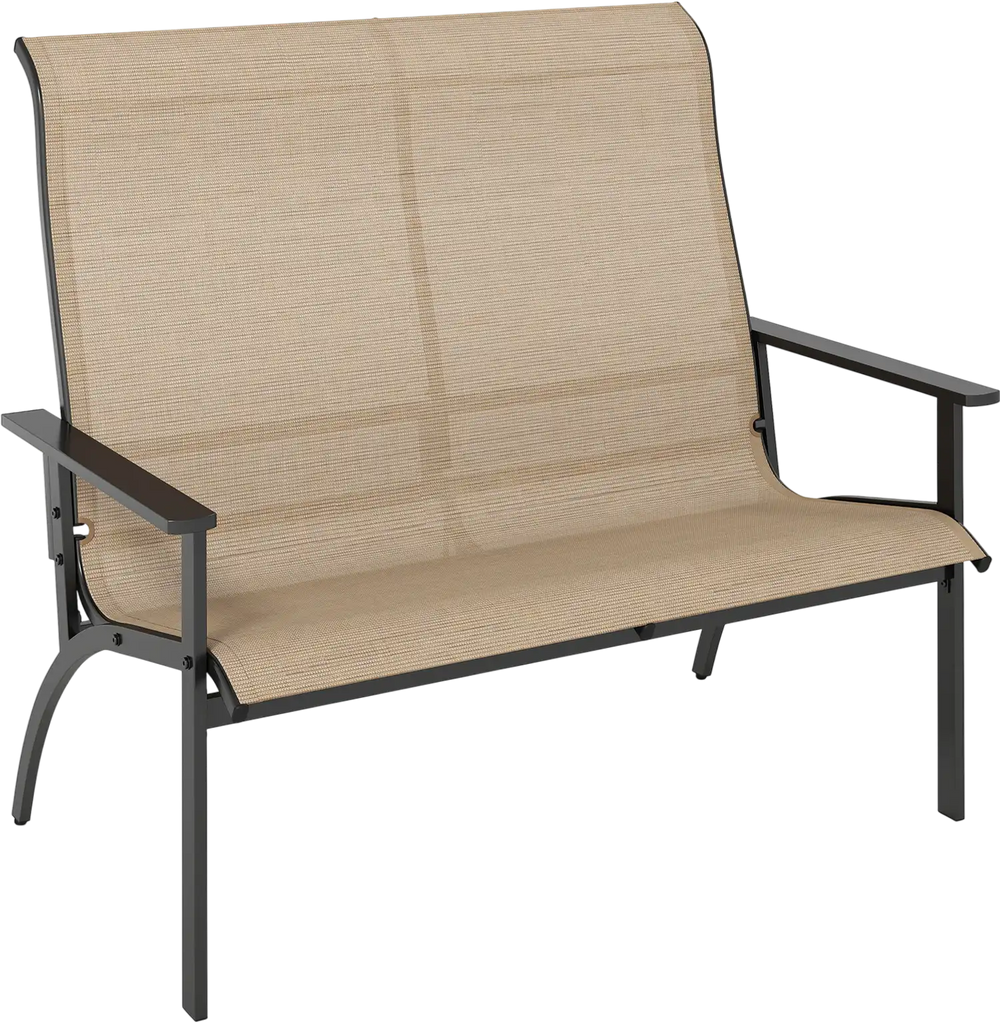 2-person patio garden bench with high back and armrests, breathable fabric, sturdy metal frame, perfect for outdoor.