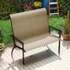 2-person patio garden bench with high back and armrests in coffee color, perfect for outdoor relaxation and stability.