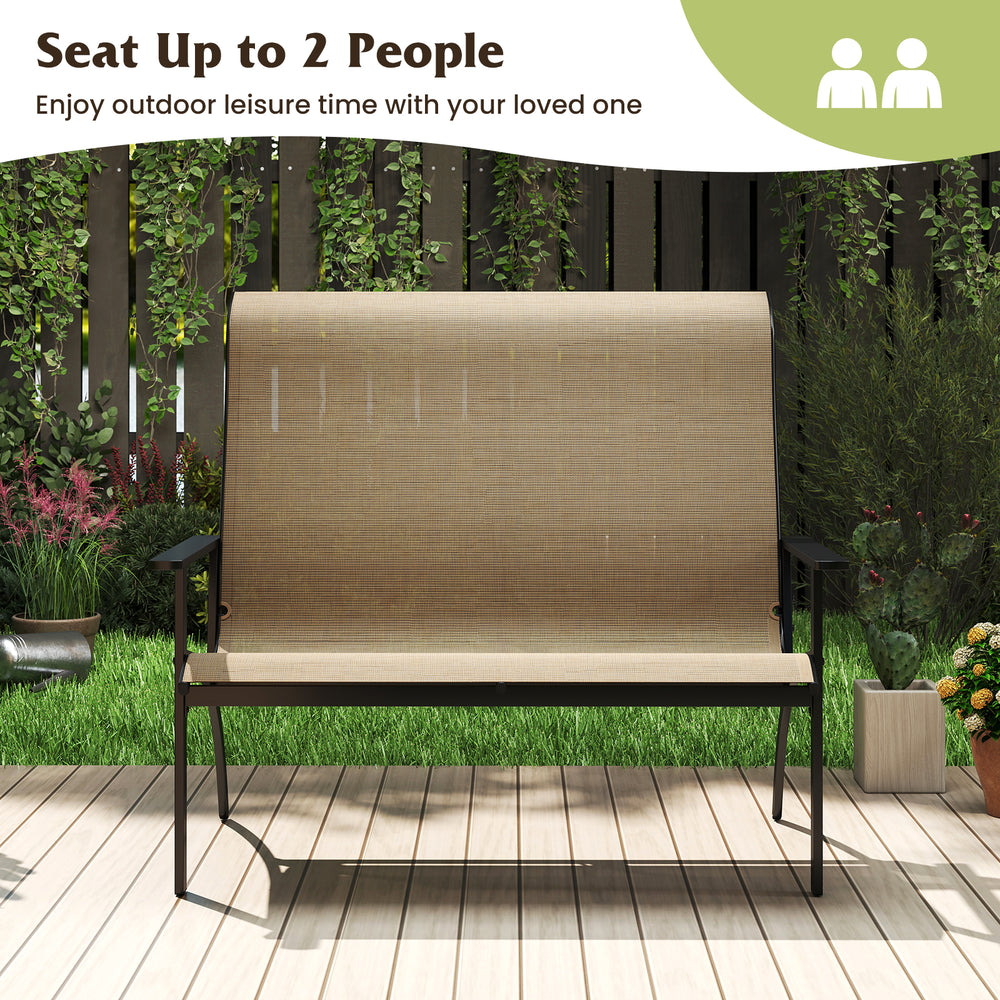 2-person patio garden bench with high back and armrests, durable fabric, perfect for outdoor relaxation.