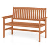 Curved seat design of the 2-person patio loveseat with slatted backrest, crafted from premium solid wood for comfort.